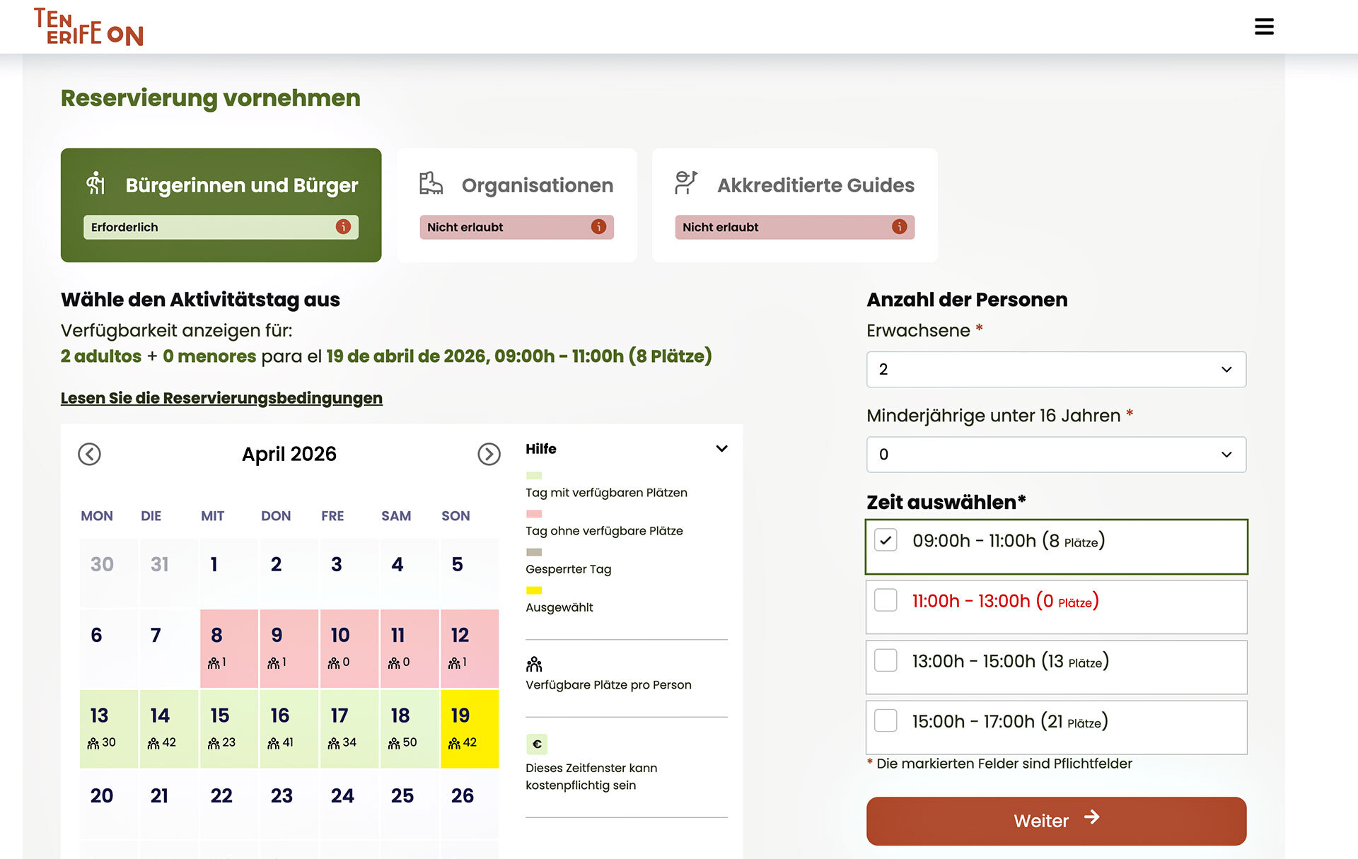 Reservierung auf tenerifeon.es